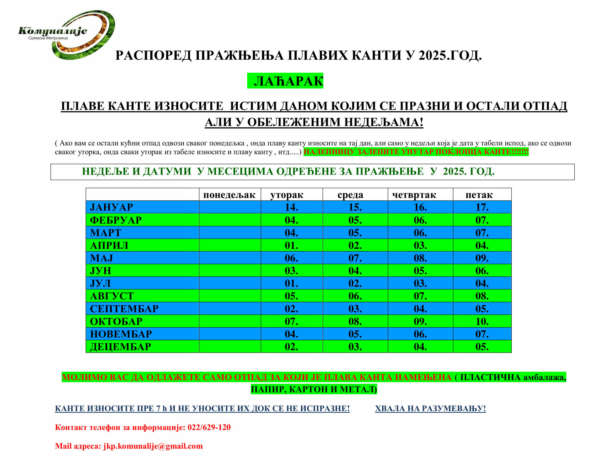 РАСПОРЕД ПРАЖЊЕЊА ПЛАВИХ КАНТИ У 2025. ГОДИНИ